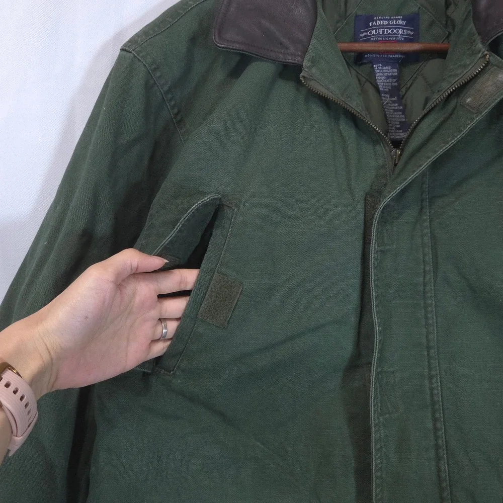 Faded Glory Canvas Quilted Field Jacket Boys 14/16 Olive Faux Leather Collar Y2K